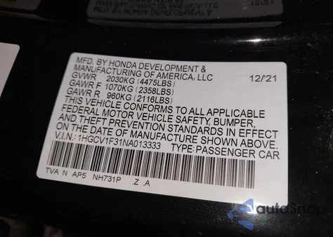 2022 Honda Accord Sport из США, поврежденный, VIN 1HGCV1F31NA013333